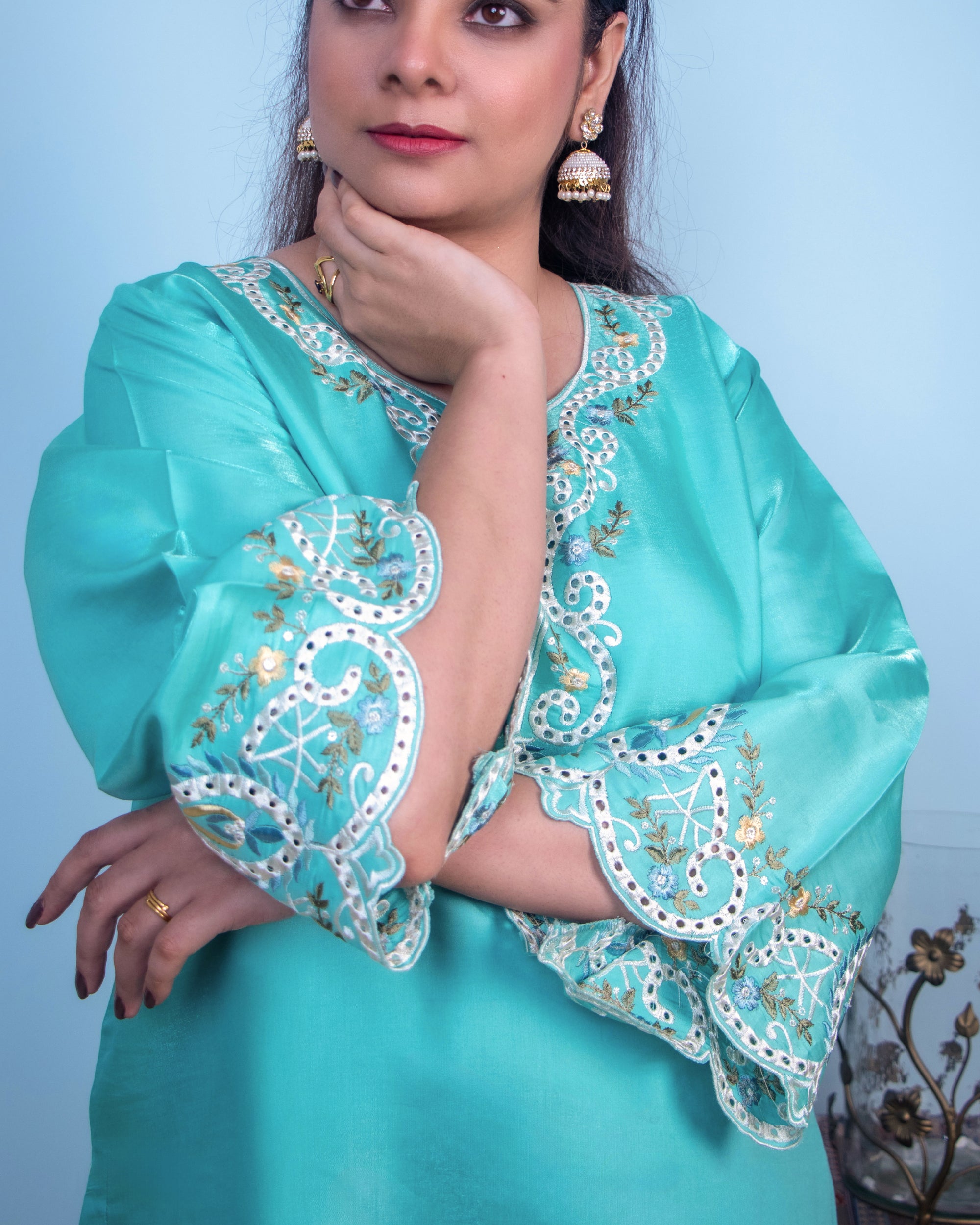 Aqua Blue Embroidered 2-Piece Premium Co-ord Set