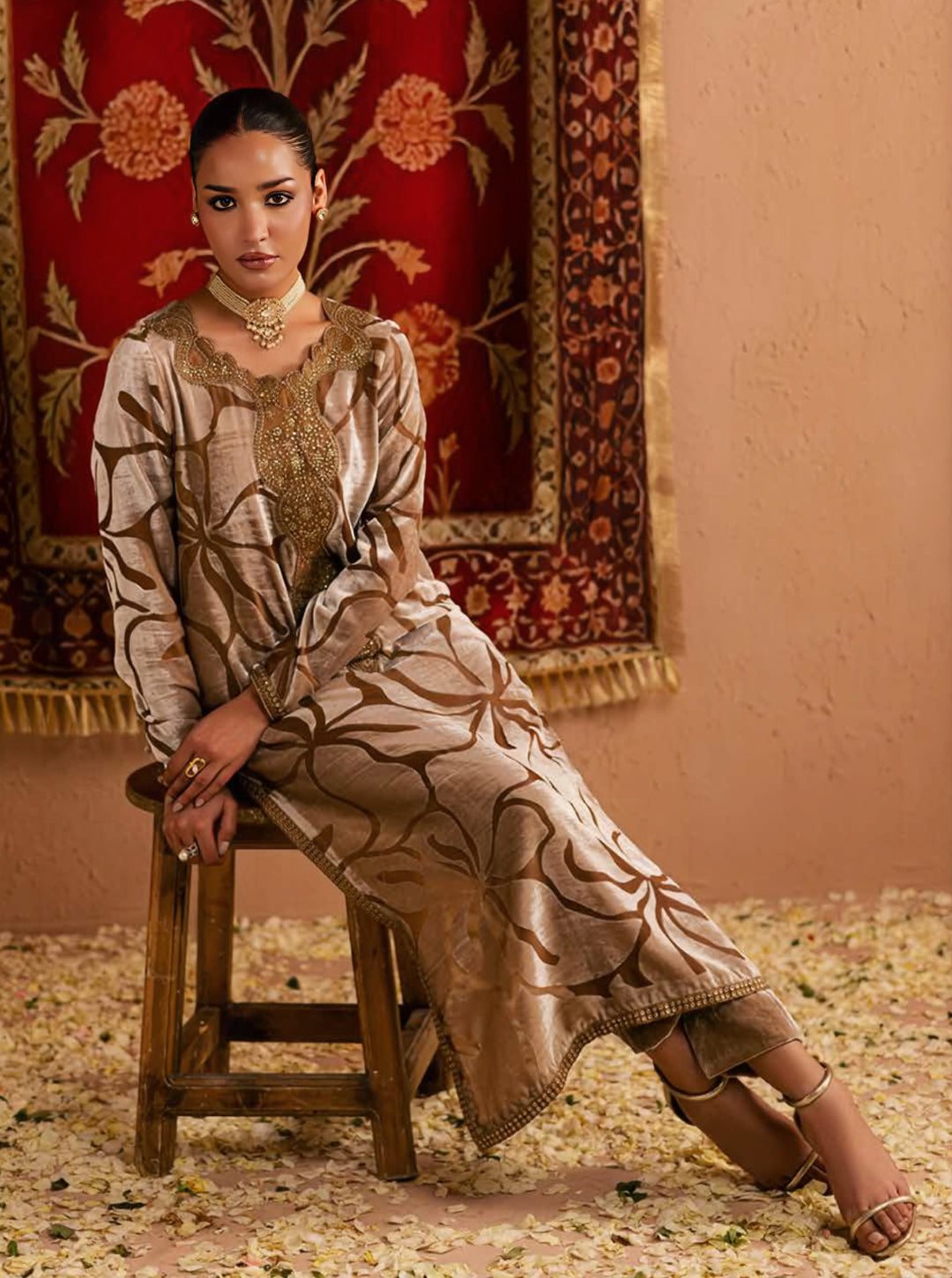 Golden Brown Palachi Velvet 2-Piece Unstitched Suit Set