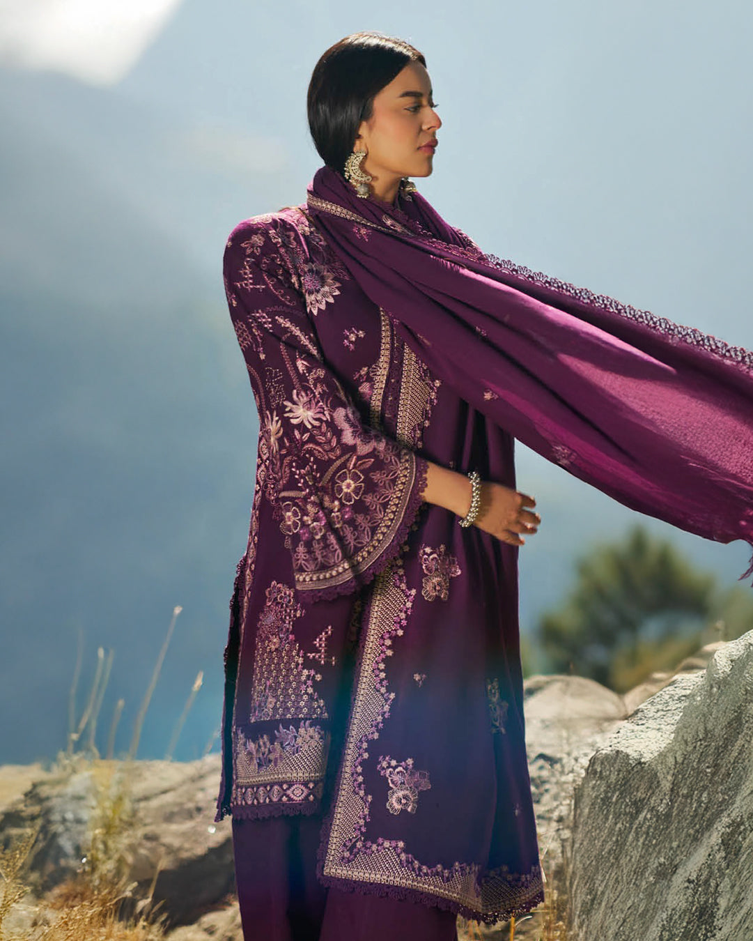 Deep Plum Karandi Embroidered 3-Piece Stitched Set