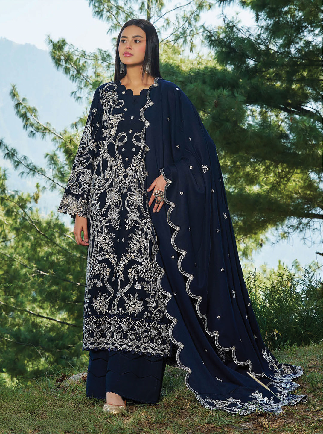 Navy Blue Canvas on Karandi Winter Fall Edition — 3 Piece Unstitched Set