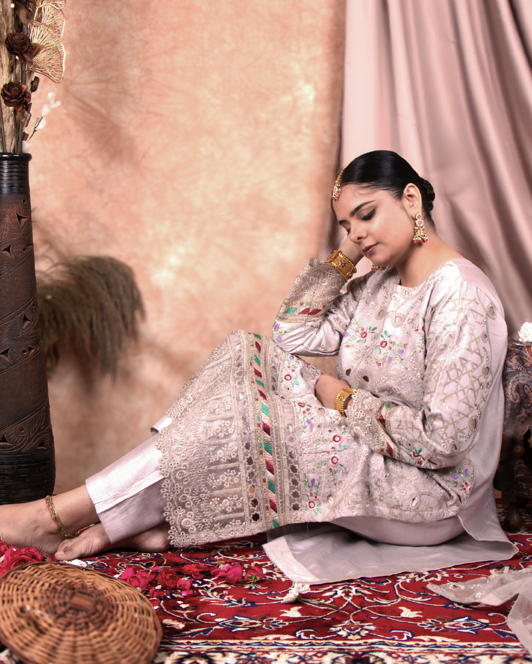 Embroidered & Cutwork Beige Mauve 3-Piece Suit with Dupatta