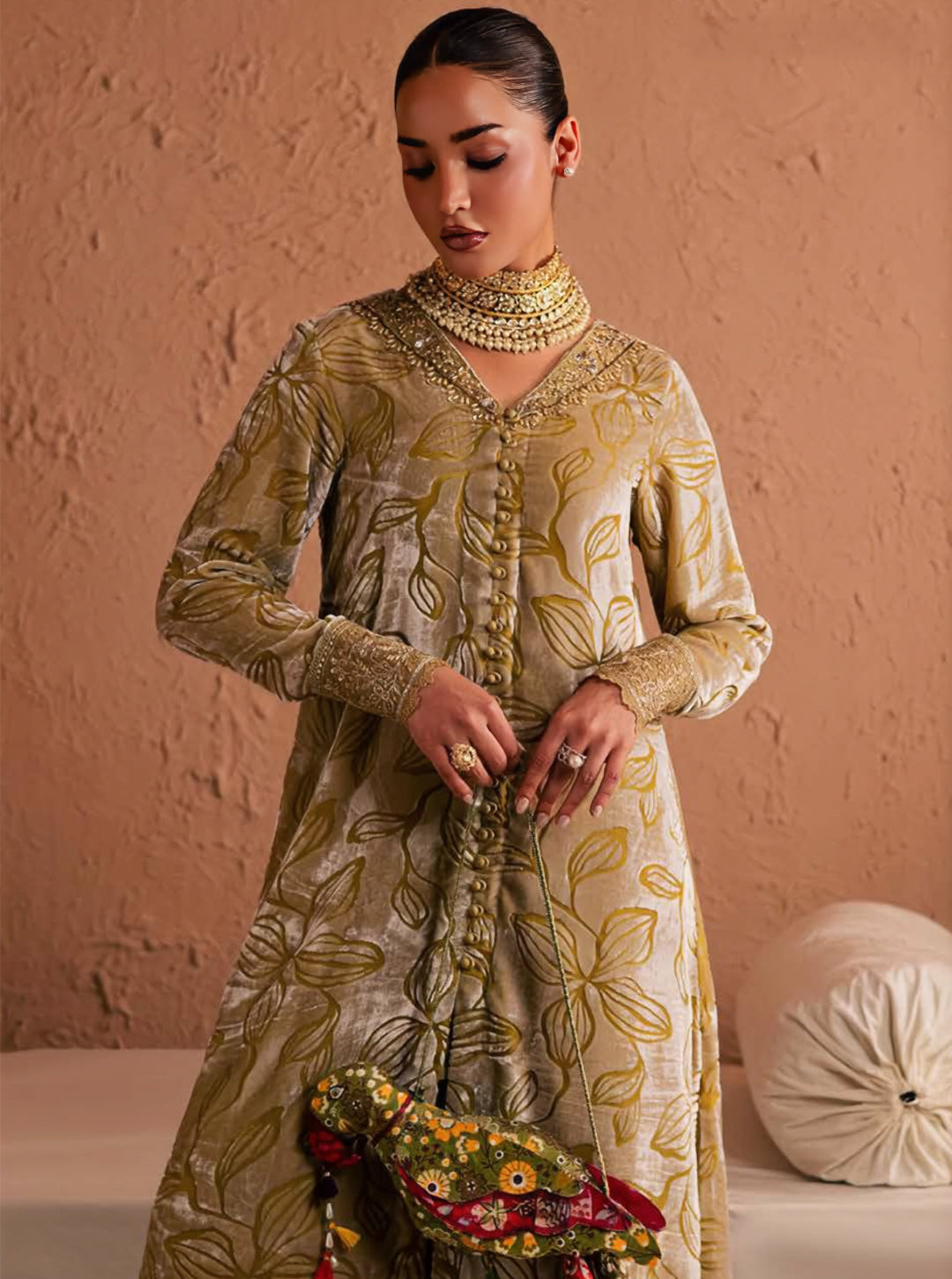 Mustard Gold Palachi Velvet 2-Piece Unstitched Suit Set