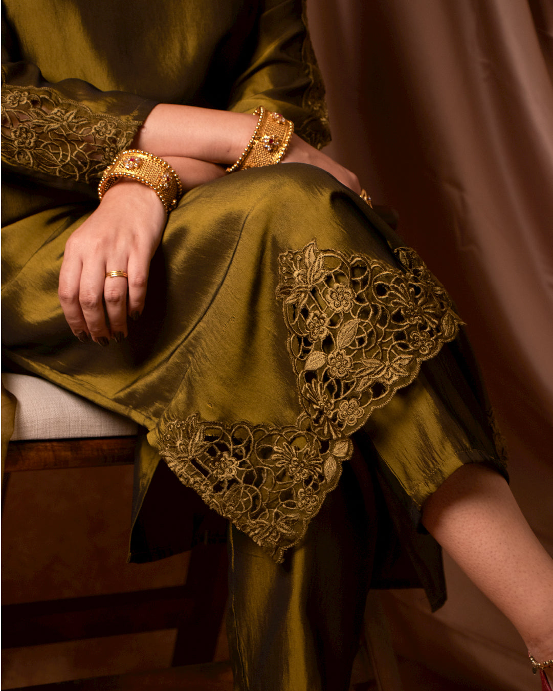 Fine Green Silk Blend Suit with Intricate Cutwork – Tyohar Exclusive Collection