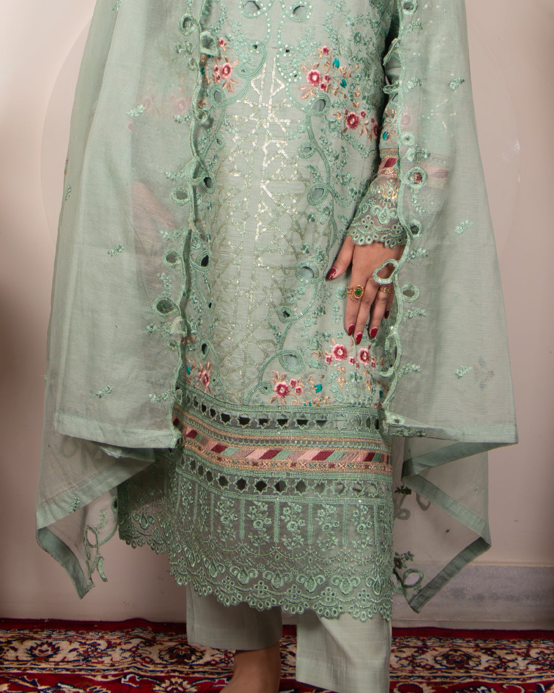 Green Metallic Pastel, embroidery and cutwork- 3pc Silk Set