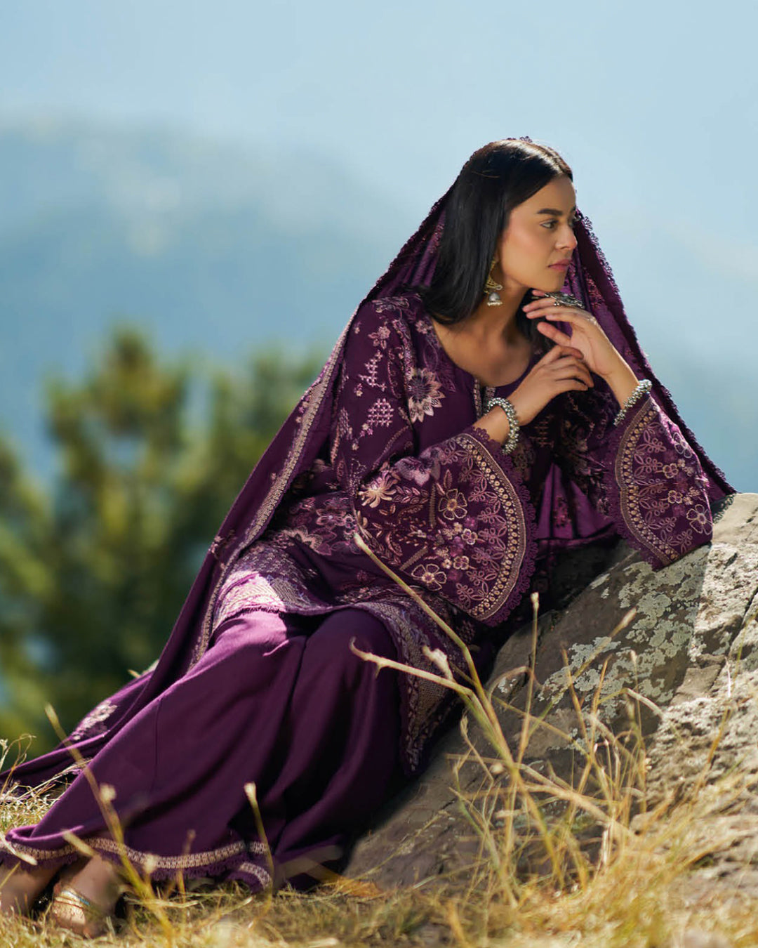 Deep Plum Karandi Embroidered 3-Piece Stitched Set