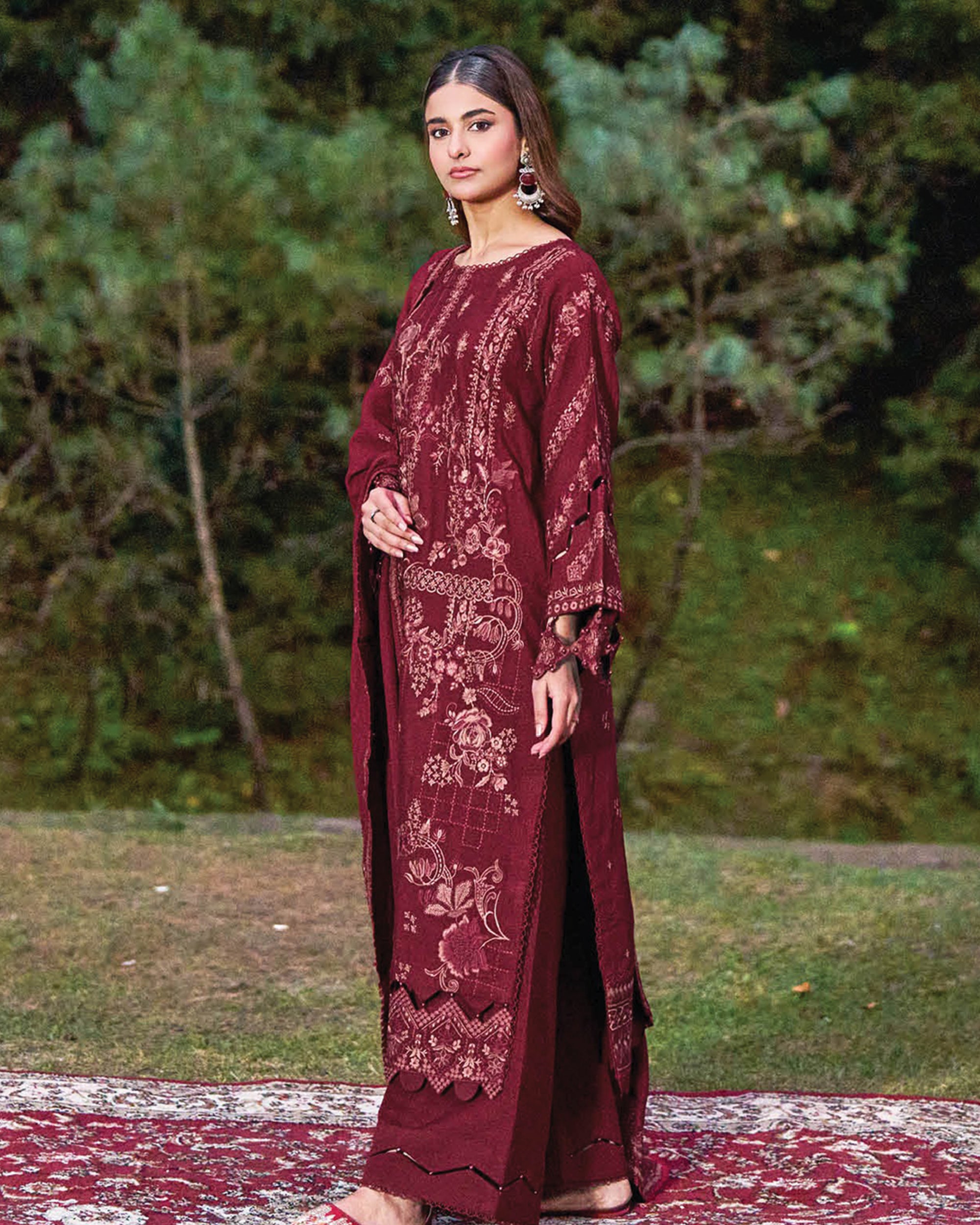 Maroon Embroidered Karandi 3-Piece Stitched Set-Winter Edit