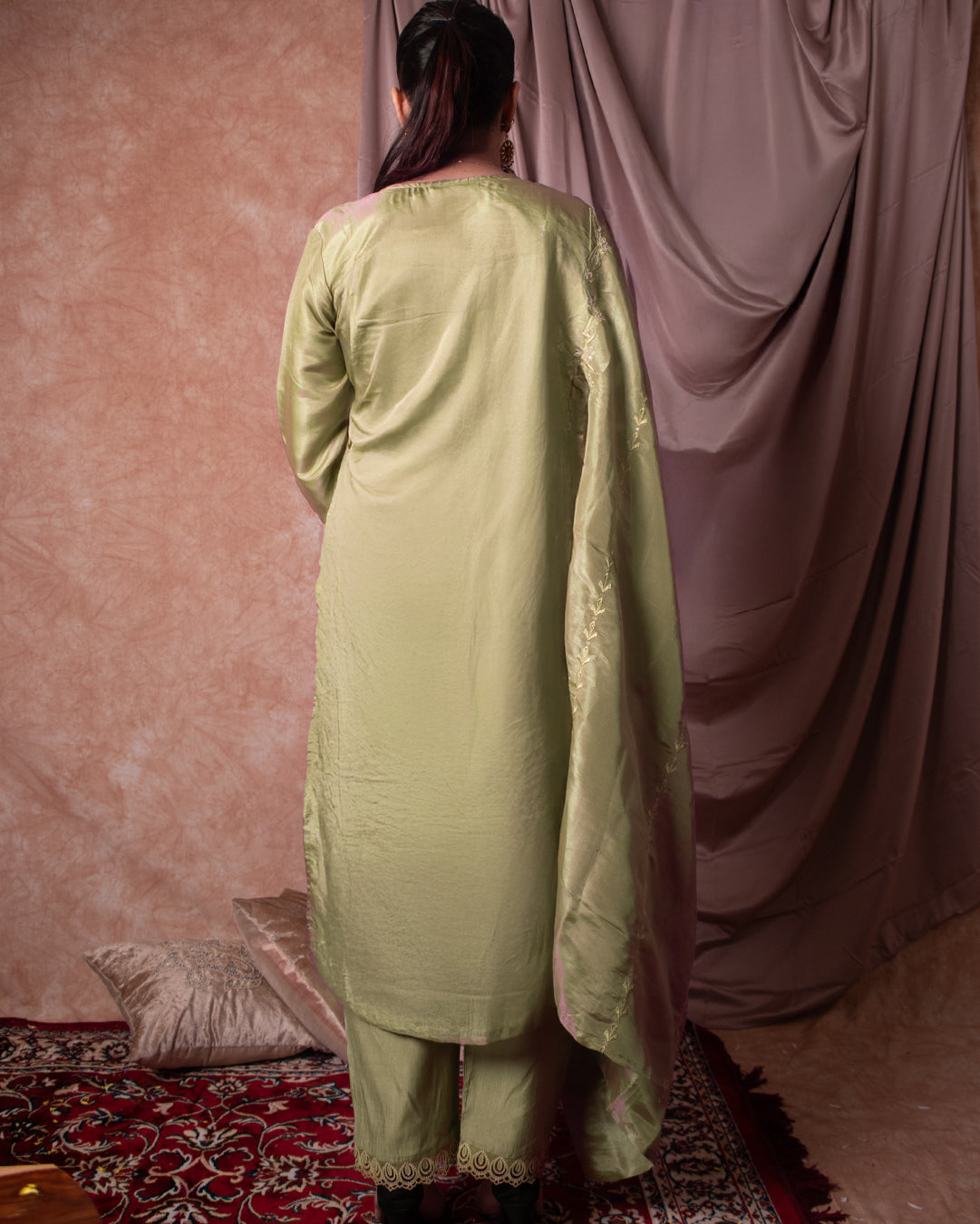 Sage Serenity – Pure Silk 3 Piece Embroidered Suit with Cutwork Detailing