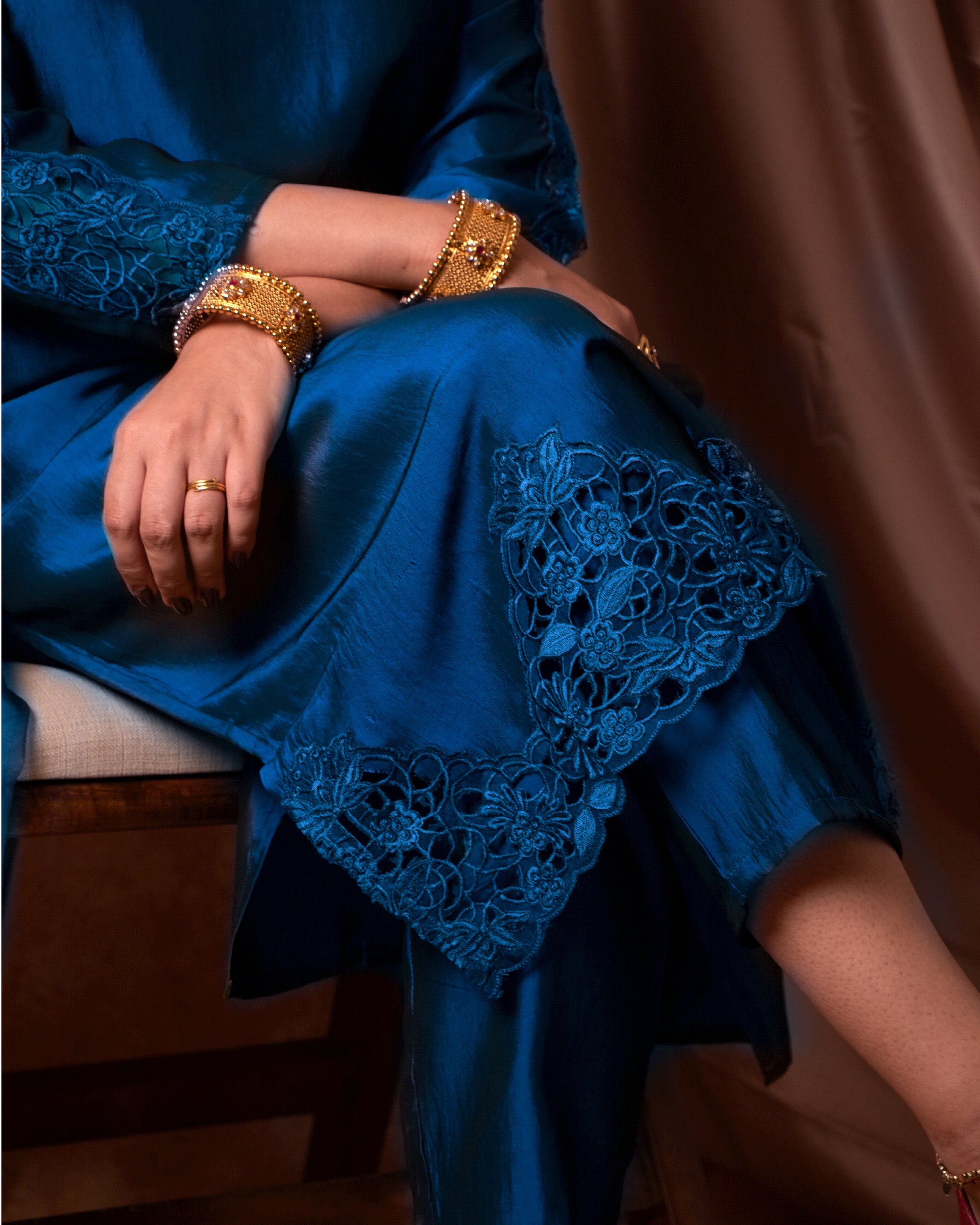 Deep Blue Silk Blend Suit with Elegant Cutwork – Tyohar Exclusive Collection