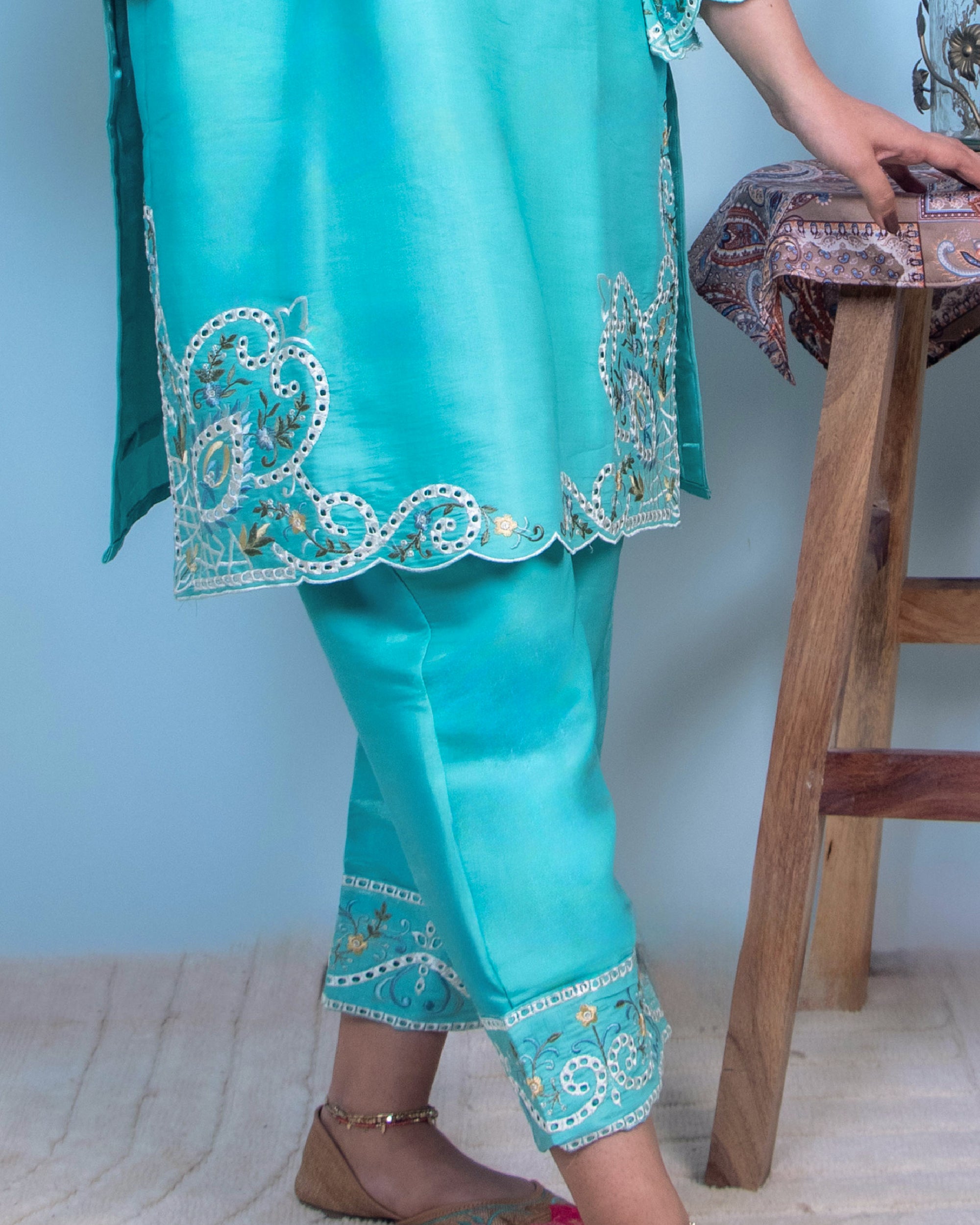 Aqua Blue Embroidered 2-Piece Premium Co-ord Set