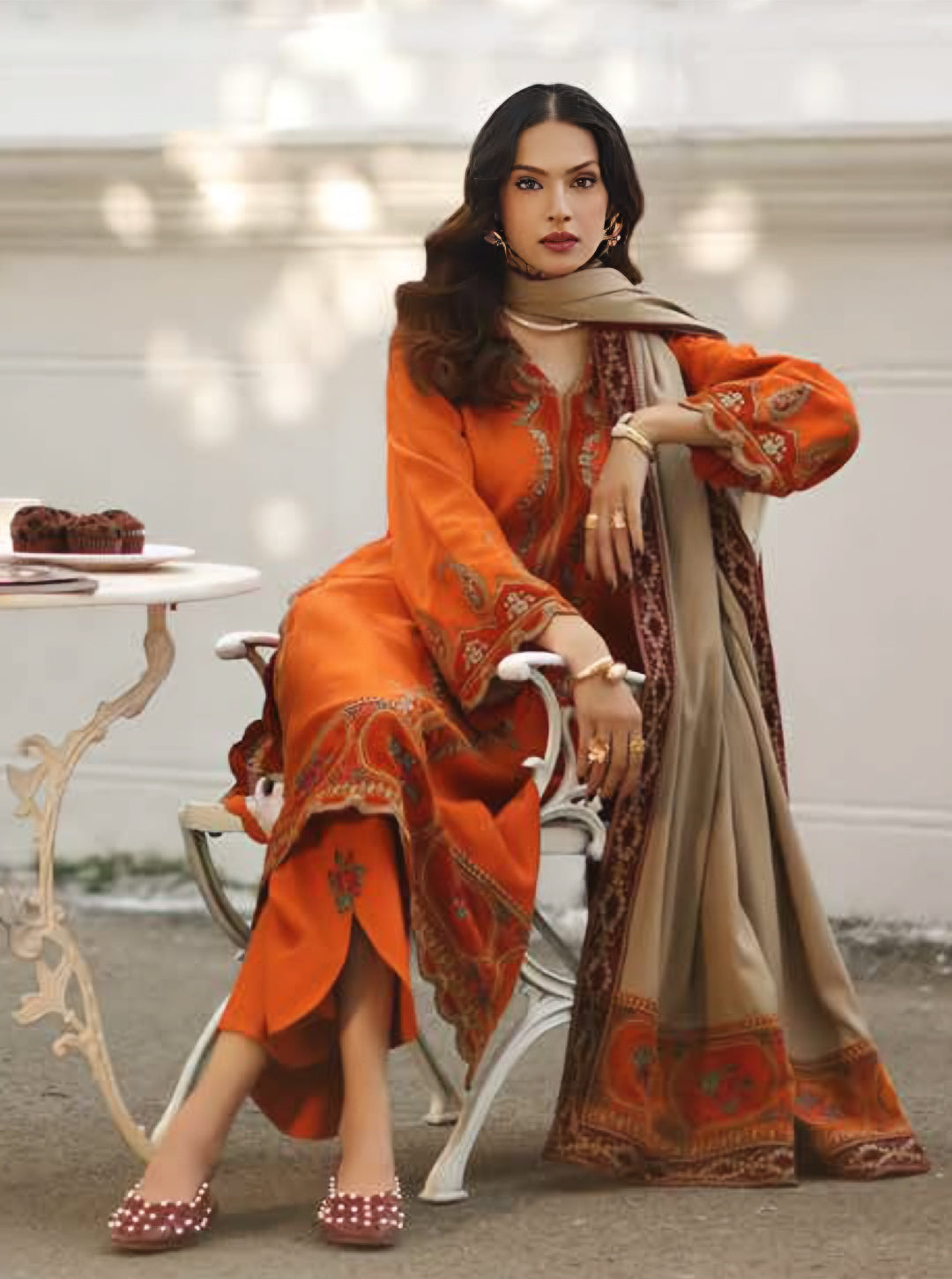 Burnt Orange Embroidered Peach leather x Velvet Set with Wool Shawl – 3 Piece Luxury Winter Edit