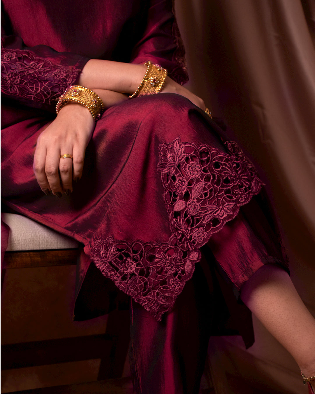 Deep Red Silk Blend Suit with Intricate Cutwork – Tyohar Exclusive Collection
