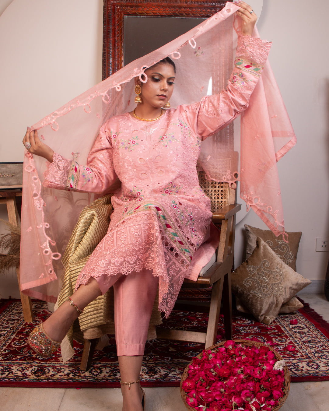 Metallic Light Pink Embroidered 3-Piece Suit with Dupatta – Festive & Party Wear