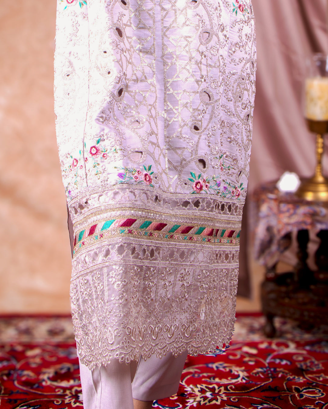 Embroidered & Cutwork Beige Mauve 3-Piece Suit with Dupatta