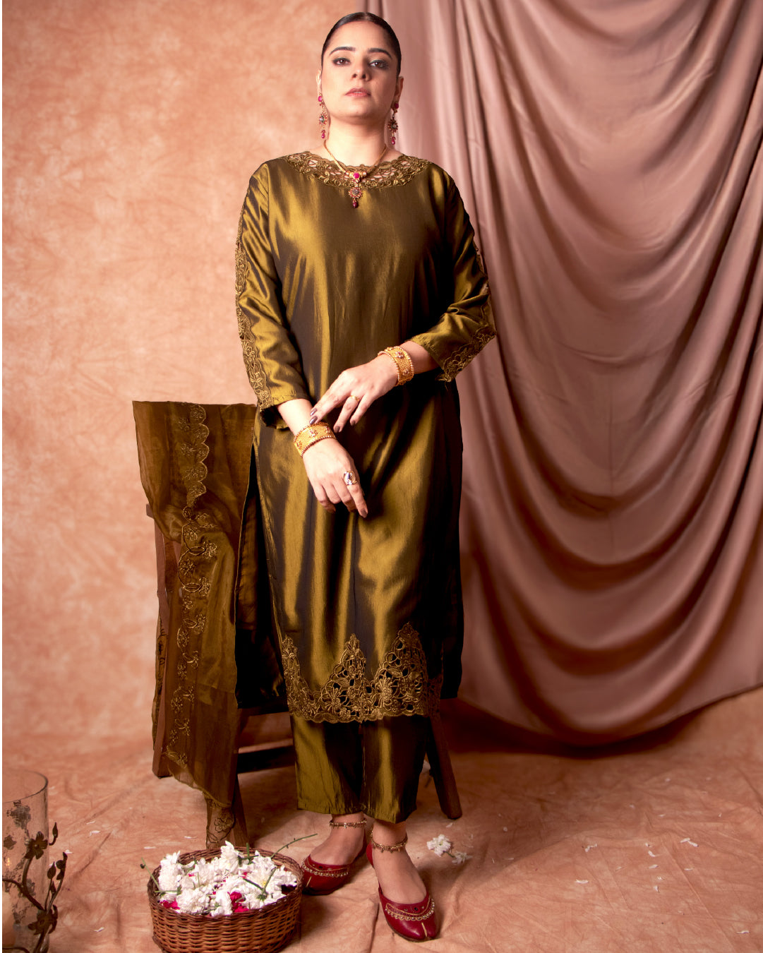 Fine Green Silk Blend Suit with Intricate Cutwork – Tyohar Exclusive Collection