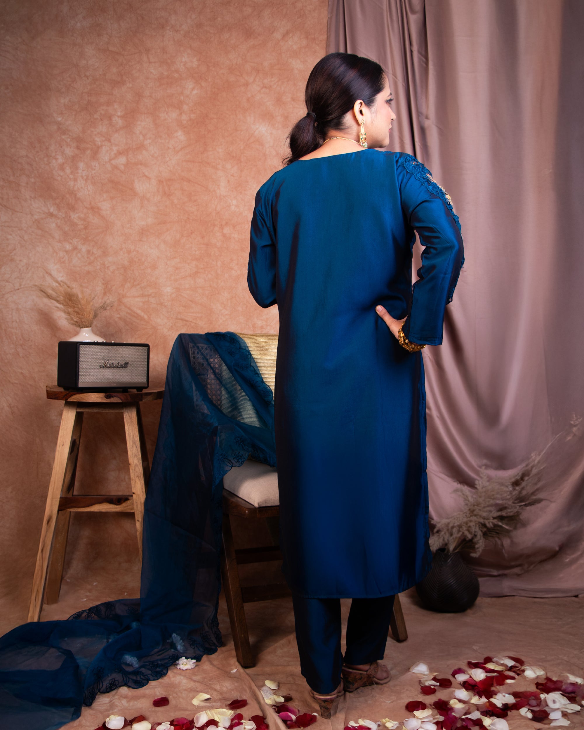 Deep Blue Silk Blend Suit with Elegant Cutwork – Tyohar Exclusive Collection