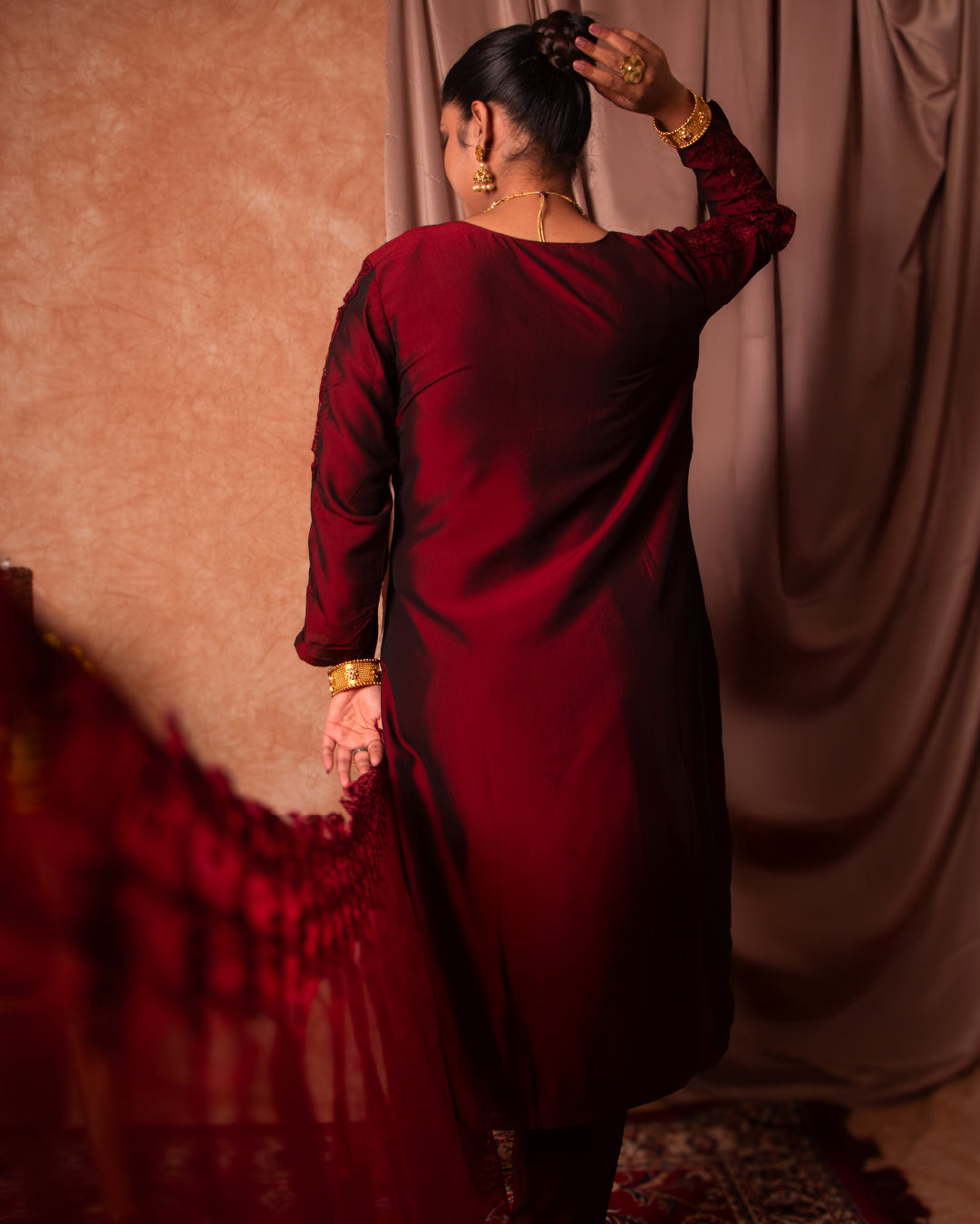 Deep Red Silk Blend Suit with Intricate Cutwork – Tyohar Exclusive Collection