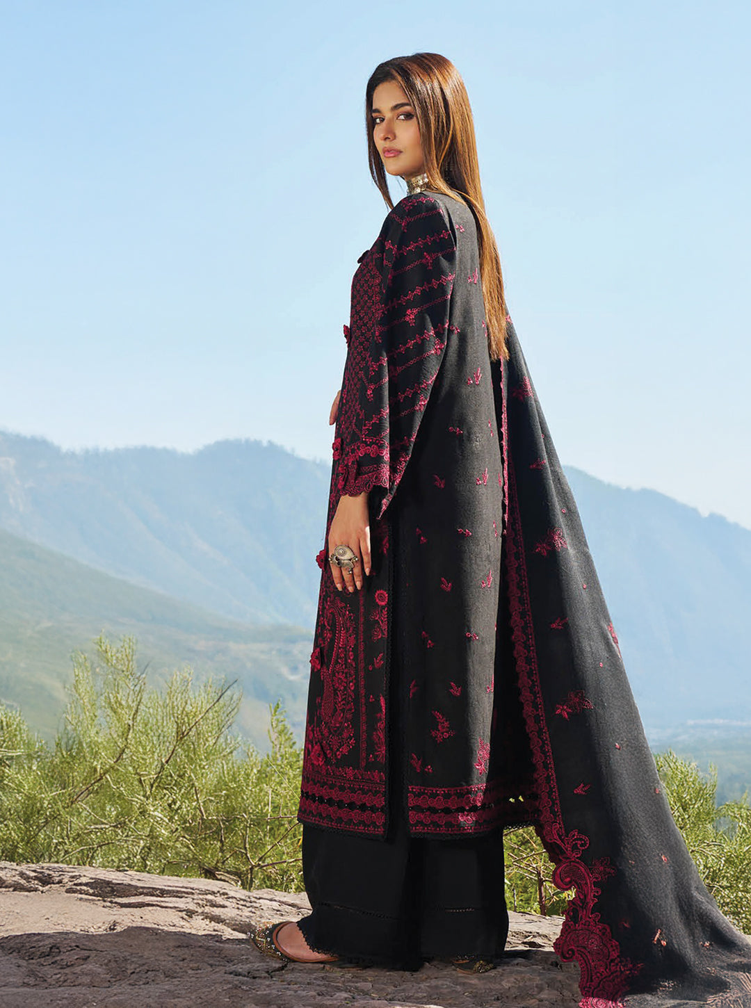 Black & Rich Red Embroidered Karandi 3-Piece Stitched Set — Winter Edit by Nooré