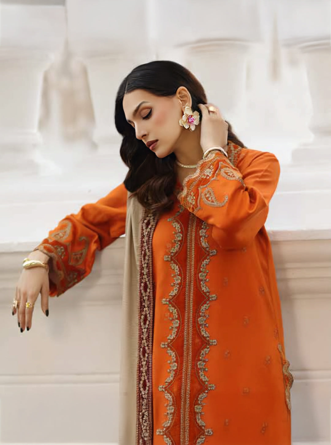 Burnt Orange Embroidered Peach leather x Velvet Set with Wool Shawl – 3 Piece Luxury Winter Edit