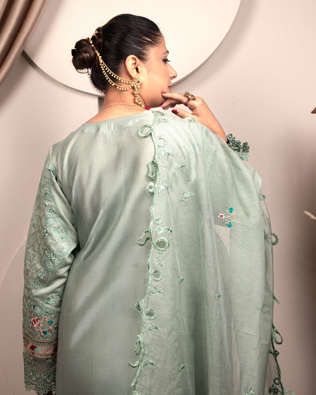 Green Metallic Pastel, embroidery and cutwork- 3pc Silk Set