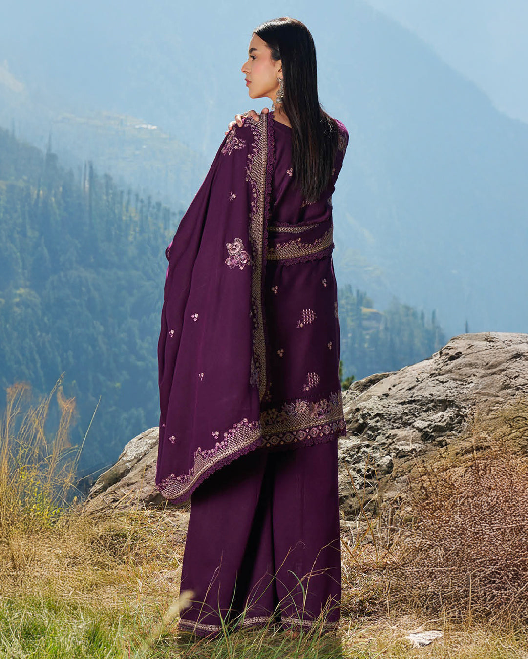 Deep Plum Karandi Embroidered 3-Piece Stitched Set