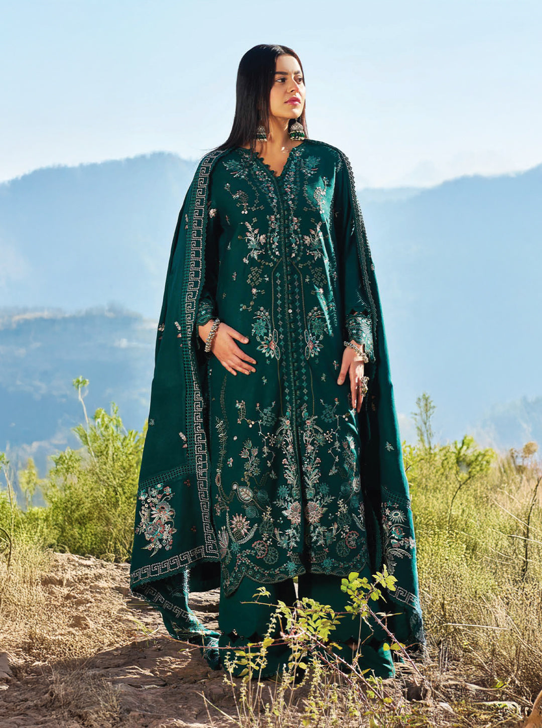 Emerald Ode to Embroidered Karandi 3-Piece Unstitched Set – Winter Edit by Nooré