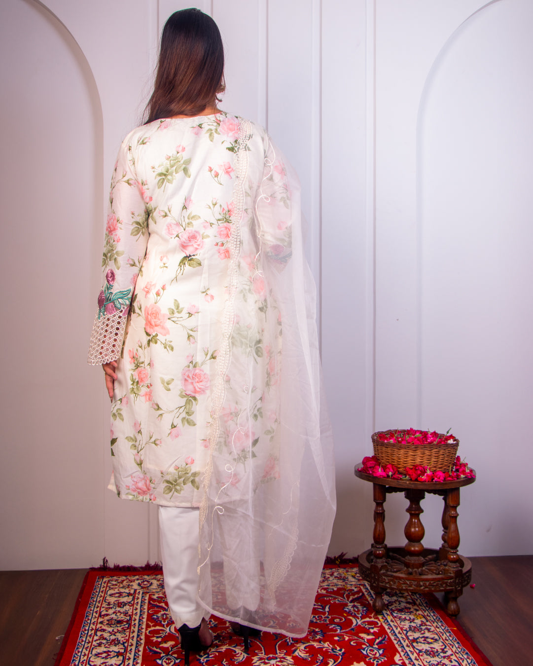 The Whispering Petals — White Floral Embroidered 3-Piece Suit