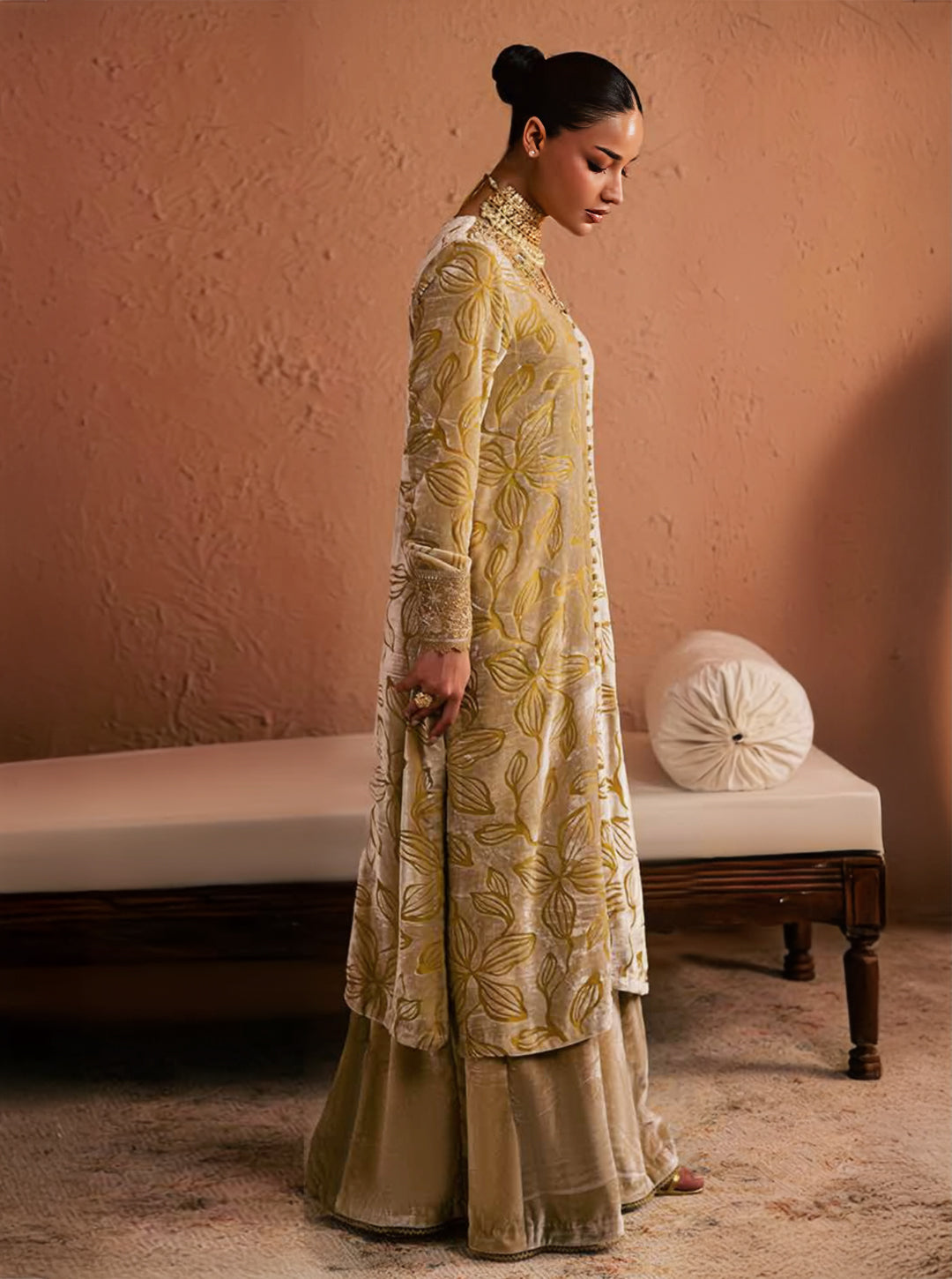 Mustard Gold Palachi Velvet 2-Piece Unstitched Suit Set