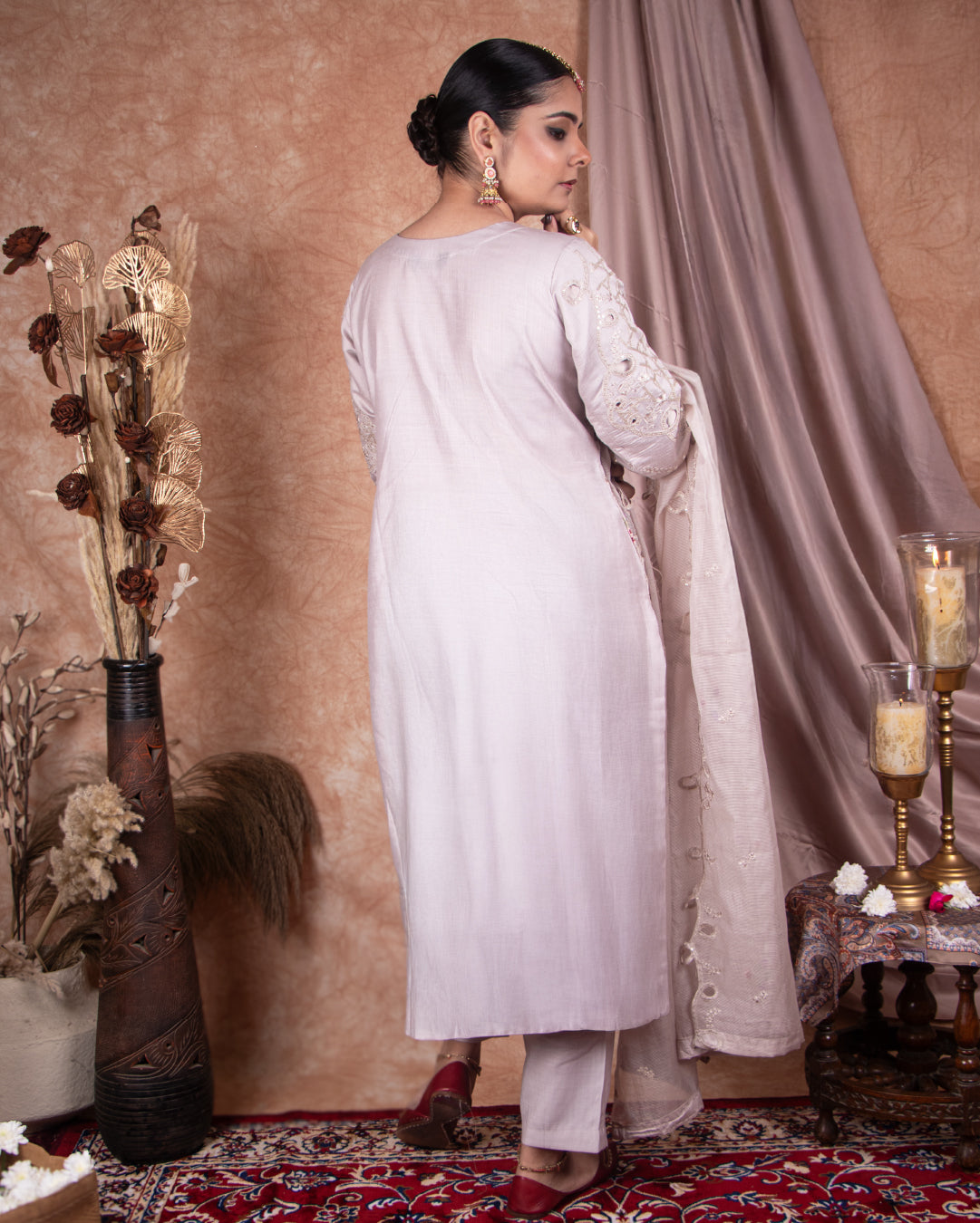 Embroidered & Cutwork Beige Mauve 3-Piece Suit with Dupatta