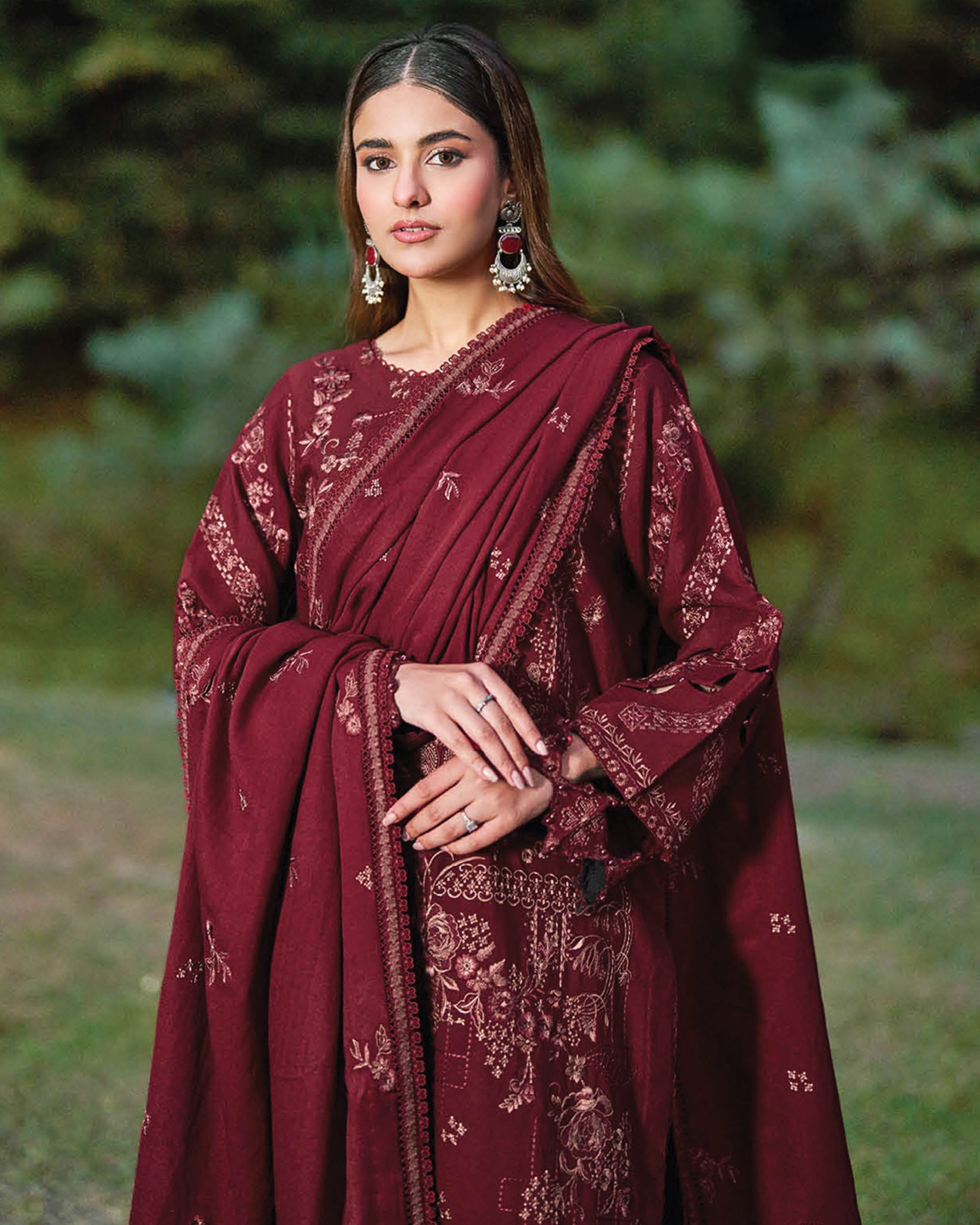 Maroon Embroidered Karandi 3-Piece Stitched Set-Winter Edit