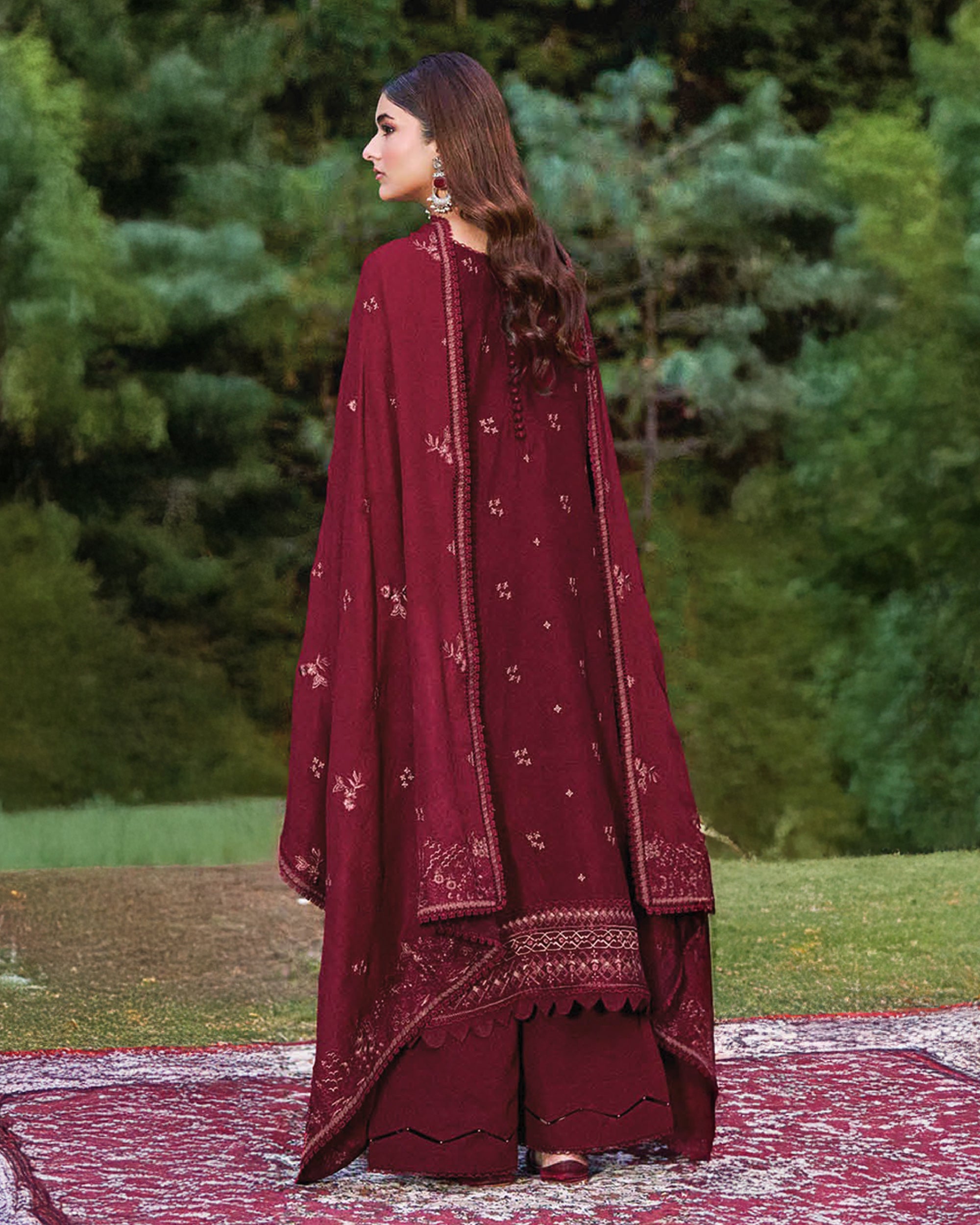 Maroon Embroidered Karandi 3-Piece Stitched Set-Winter Edit