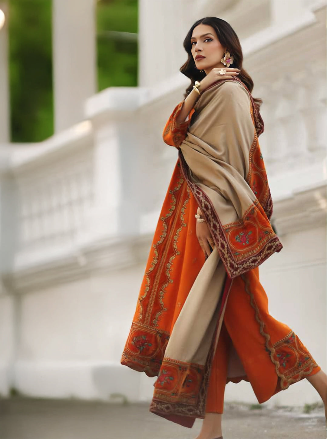 Burnt Orange Embroidered Peach leather x Velvet Set with Wool Shawl – 3 Piece Luxury Winter Edit