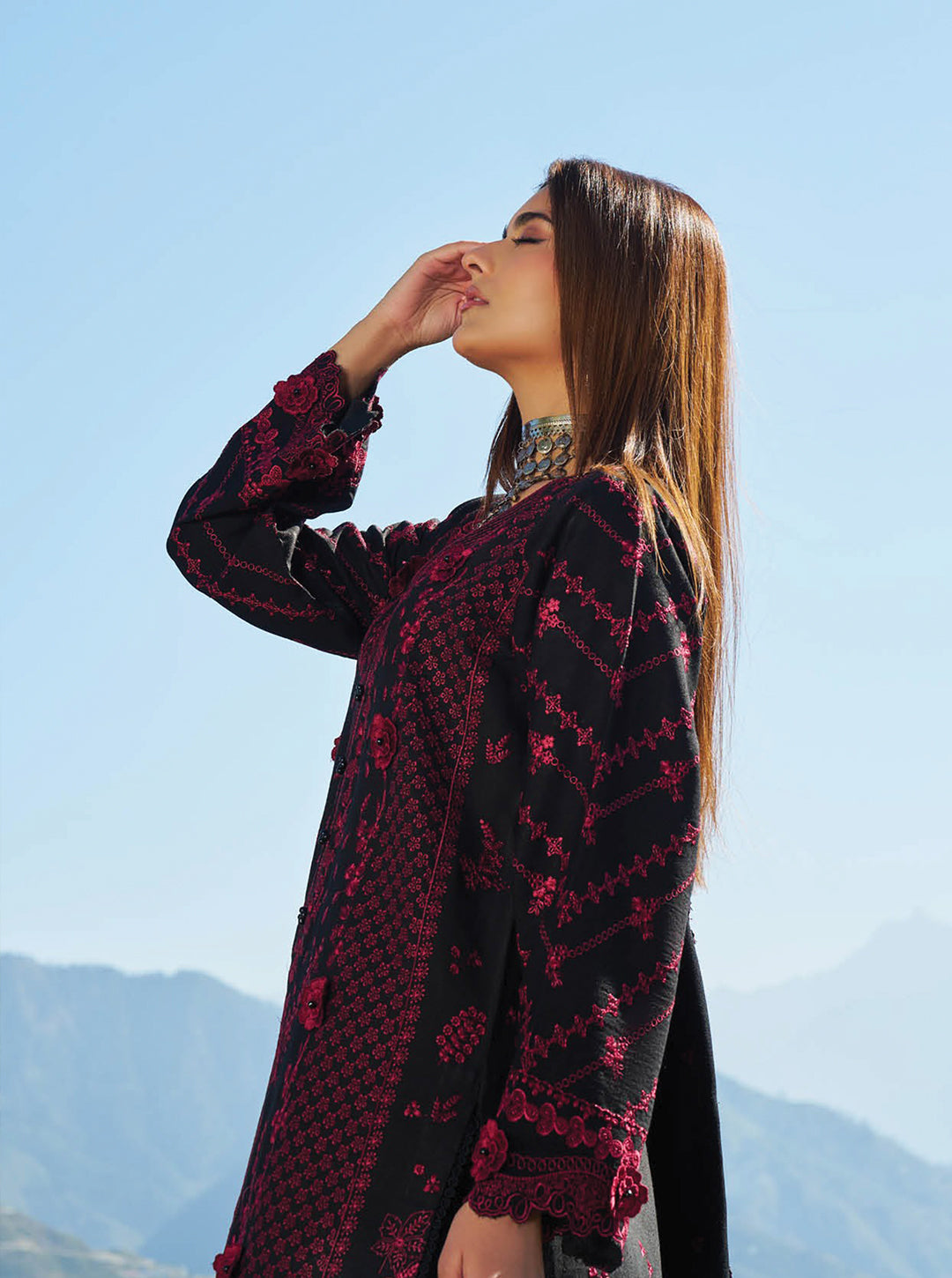 Black & Rich Red Embroidered Karandi 3-Piece Stitched Set — Winter Edit by Nooré