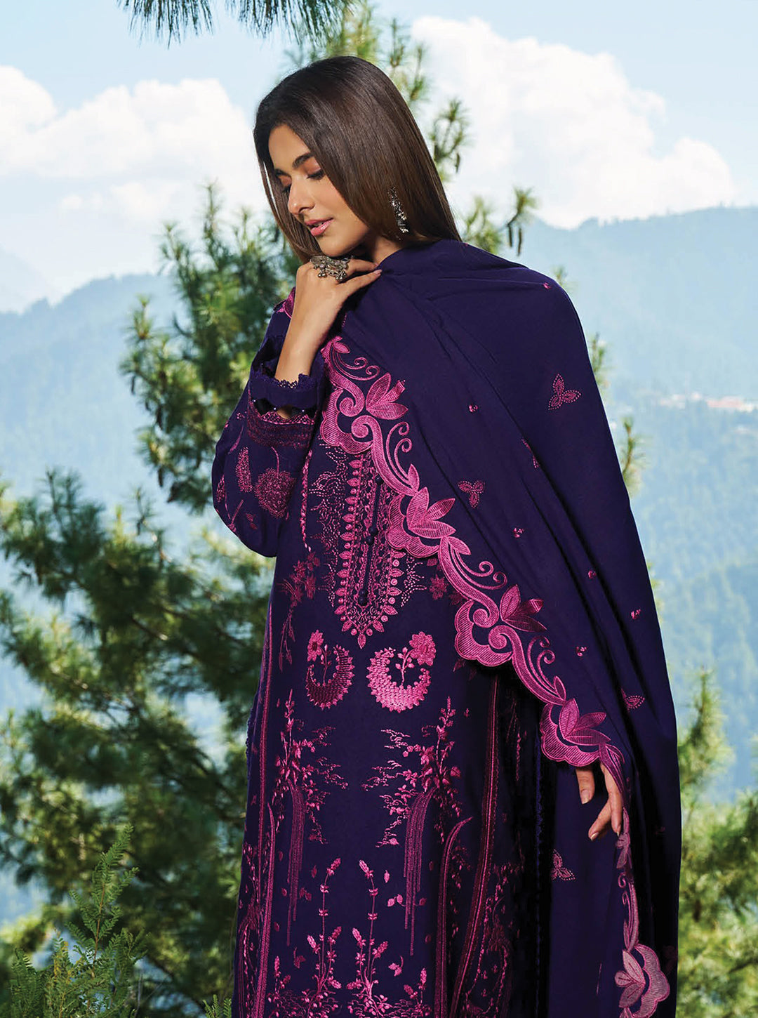 Ink Blue & Magenta Embroidered Karandi 3-Piece Unstitched Set – Winter Edit by Nooré