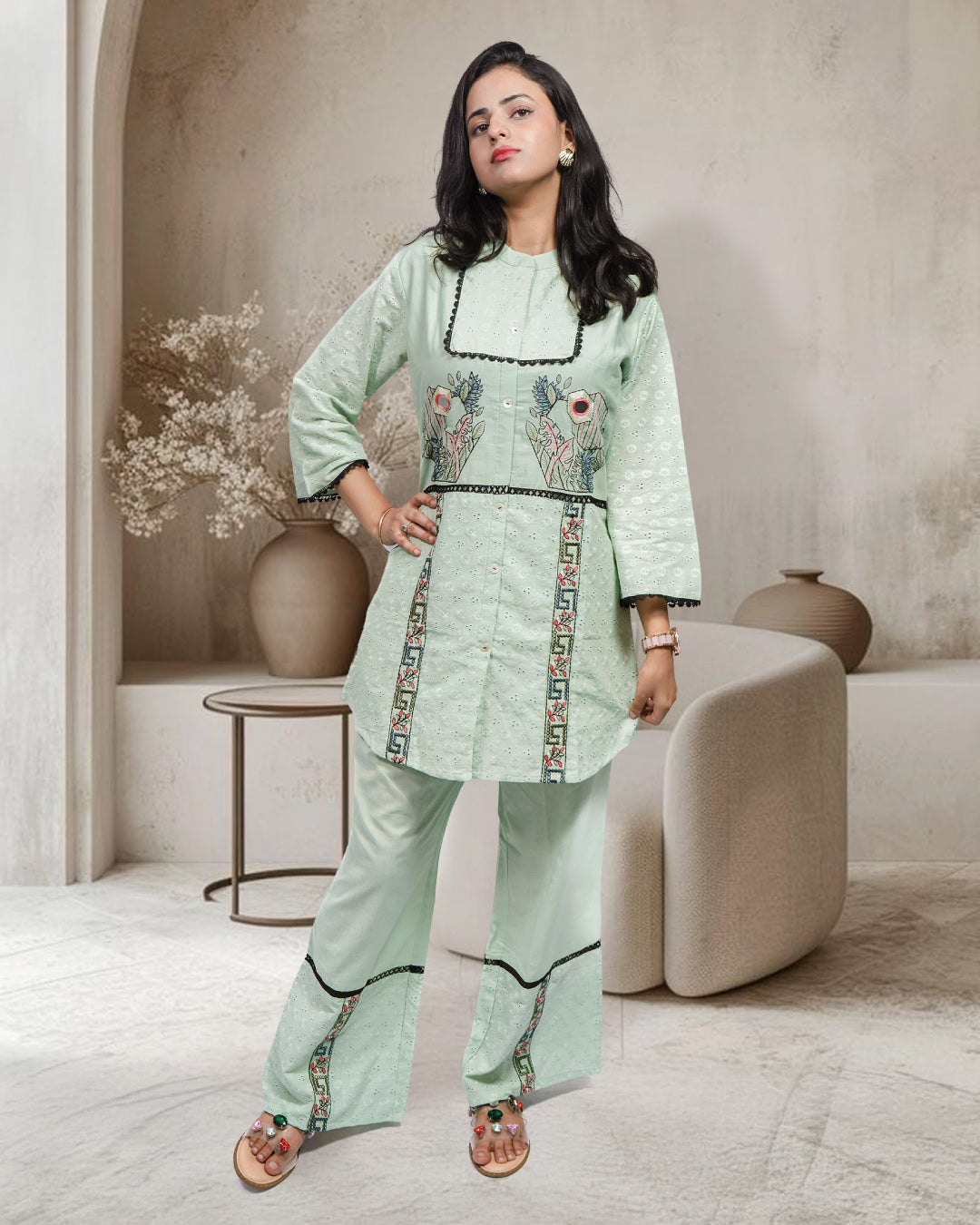 Whispers of Mint – Pastel Green Embroidered Co-Ord Set