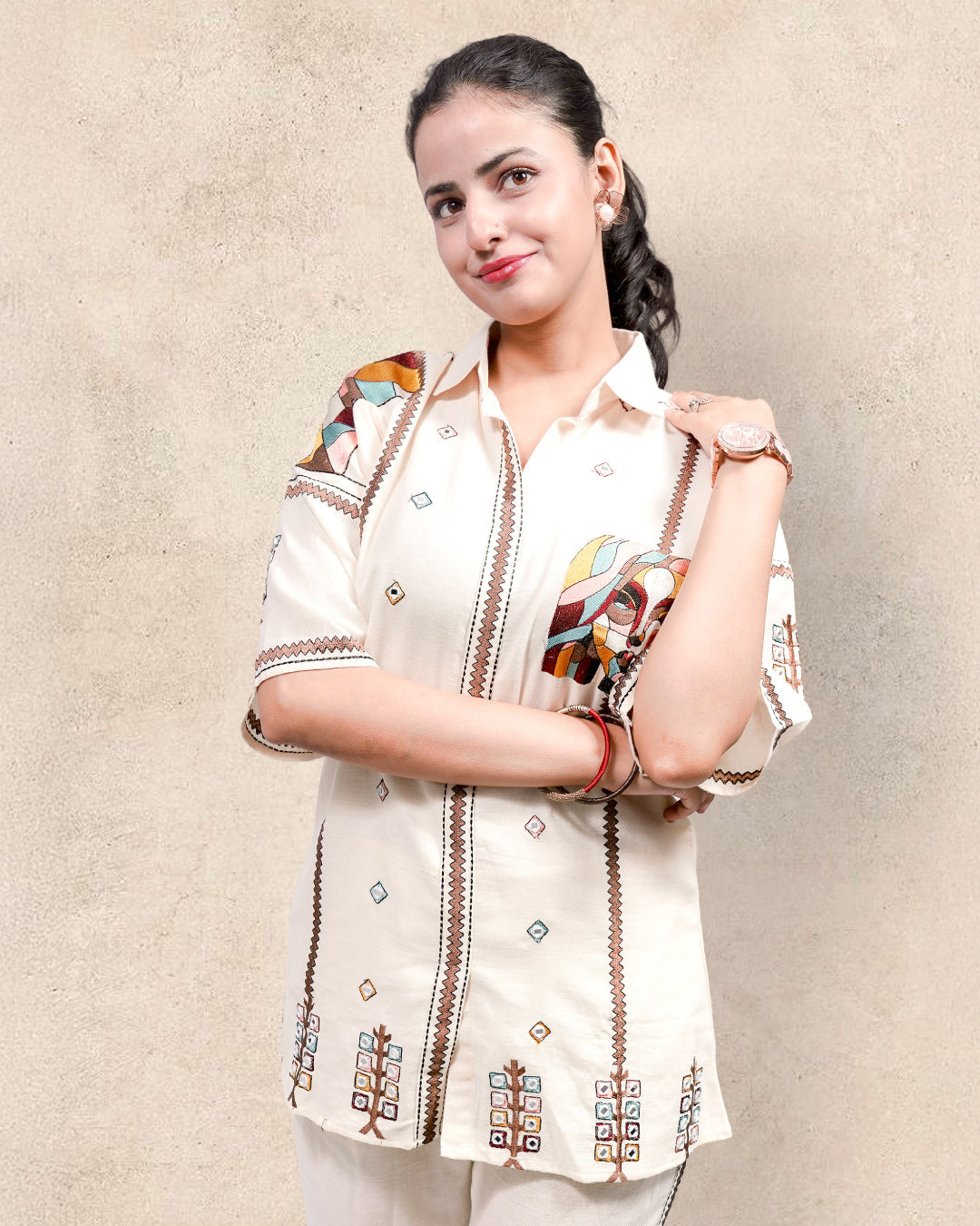 Ivory Mosaic – Multi-Colour Threadwork & Mirror Embroidery 2-Piece Co-ord Set