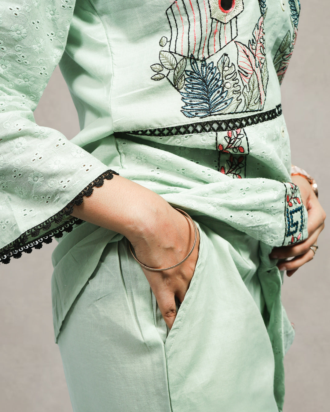 Whispers of Mint – Pastel Green Embroidered Co-Ord Set
