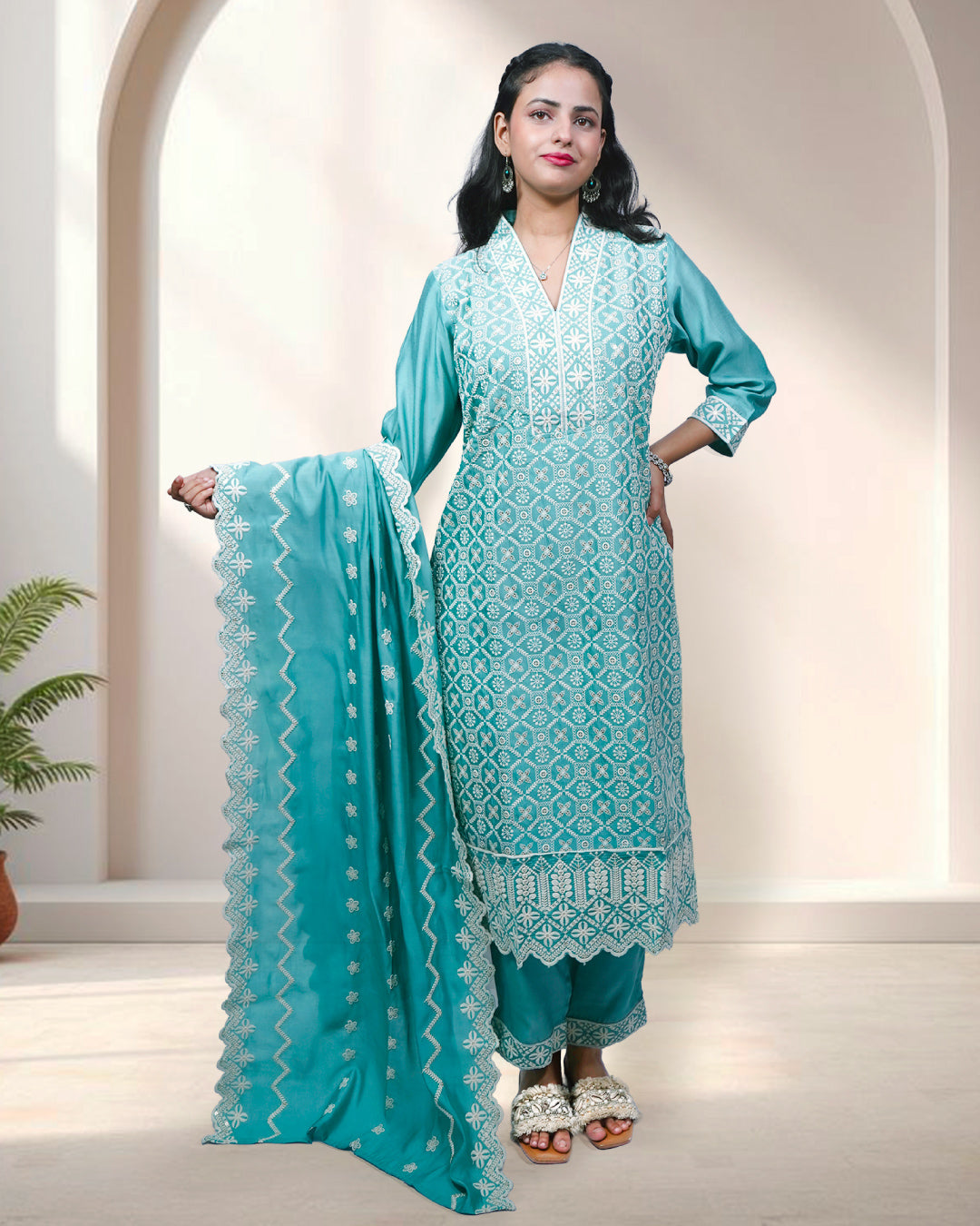 Aqua Grace, Linen Thread work 3 piece Suit Set