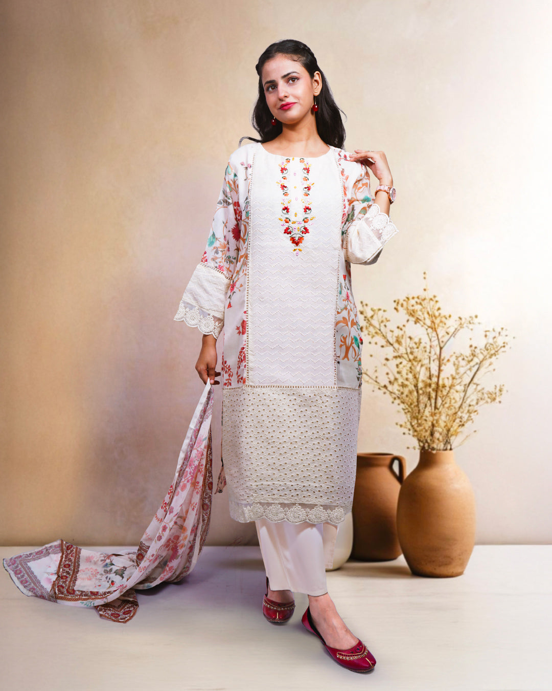 Ivory Bloom Embroidered Elegance, 100% Cotton, 3 Piece Suit