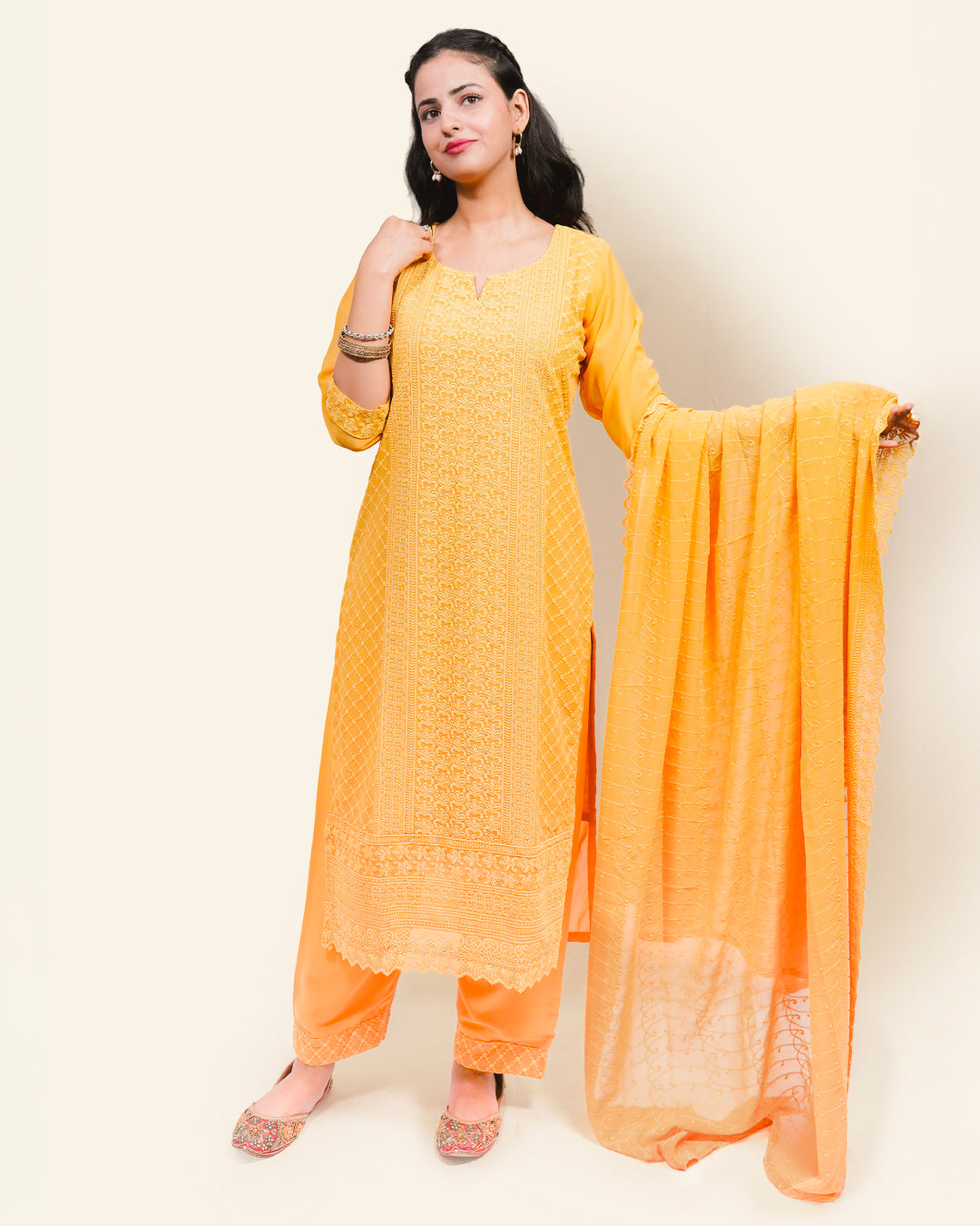 Ochre Grace – Embroidered Georgette 3-Piece Suit