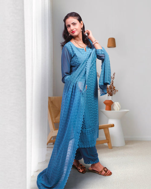 Azure Threaded Georgette Grace Suit, 3 Piece Suit