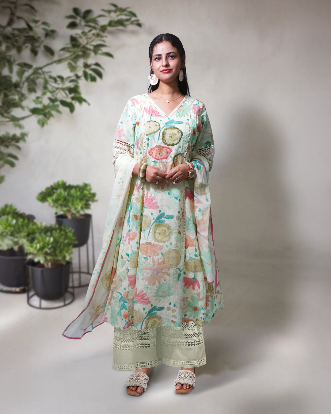 Mint Pastel Bloom 3-Piece A-line frock Set with Crochet Lacework