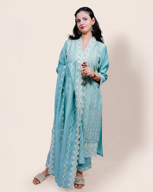 Aqua Grace, Linen Thread work 3 piece Suit Set