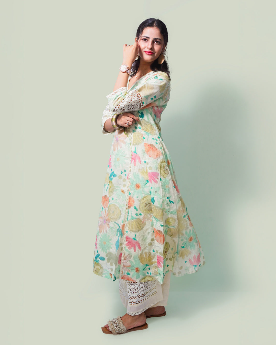Mint Pastel Bloom 3-Piece A-line frock Set with Crochet Lacework