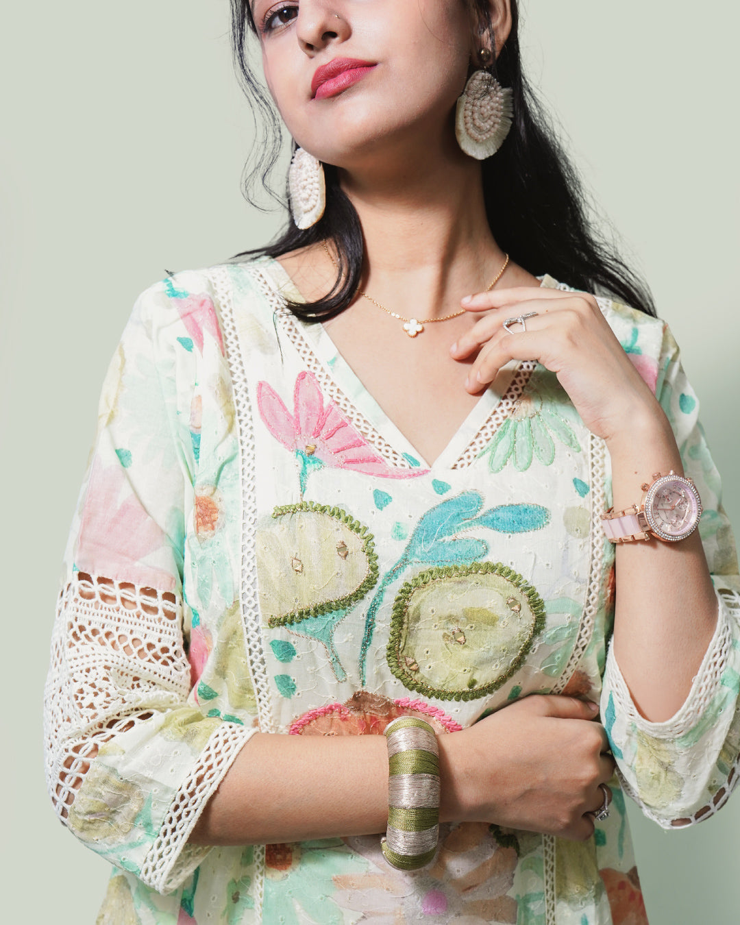 Mint Pastel Bloom 3-Piece A-line frock Set with Crochet Lacework
