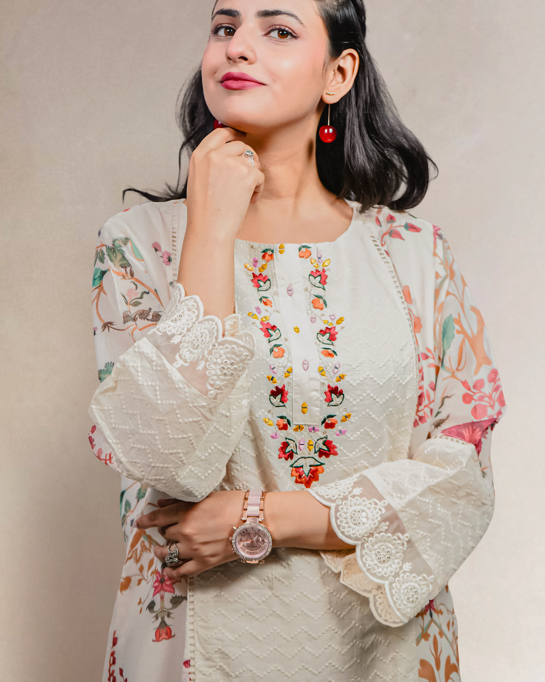 Ivory Bloom Embroidered Elegance, 100% Cotton, 3 Piece Suit