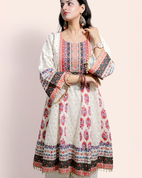 Floral Off-white, Cut work,  3-piece Suit Set