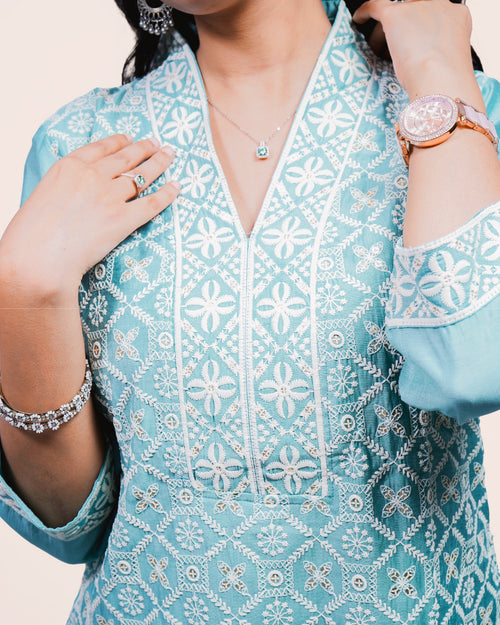 Aqua Grace, Linen Thread work 3 piece Suit Set