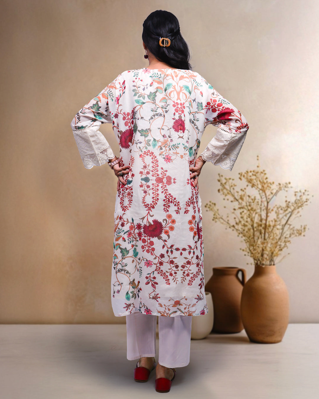 Ivory Bloom Embroidered Elegance, 100% Cotton, 3 Piece Suit