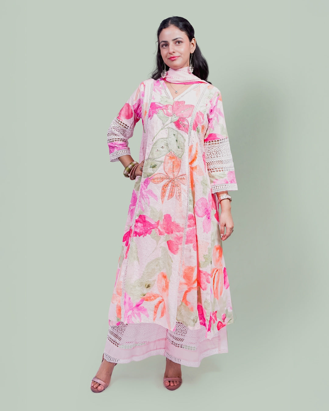 Gulnaar Bloom, 100% Cotton Suit with Crochet Lacework-3 piece set